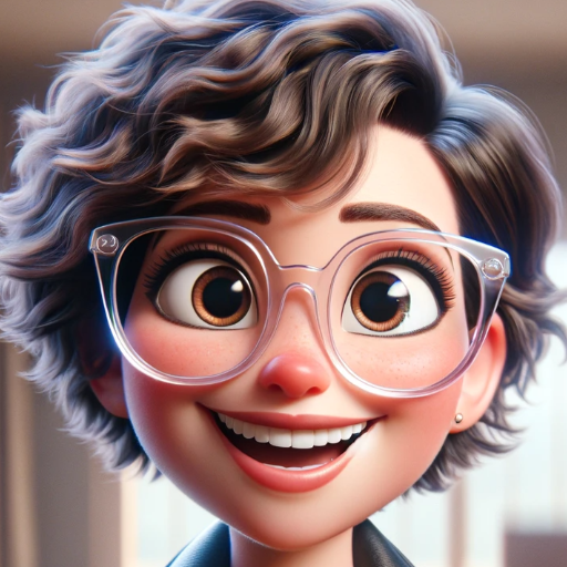 DALL·E 2023-11-25 21.47.26 – Create an image of a woman with short curly hair, clear framed glasses, a joyful expression, wearing a black leather jacket. She should be styled as a
