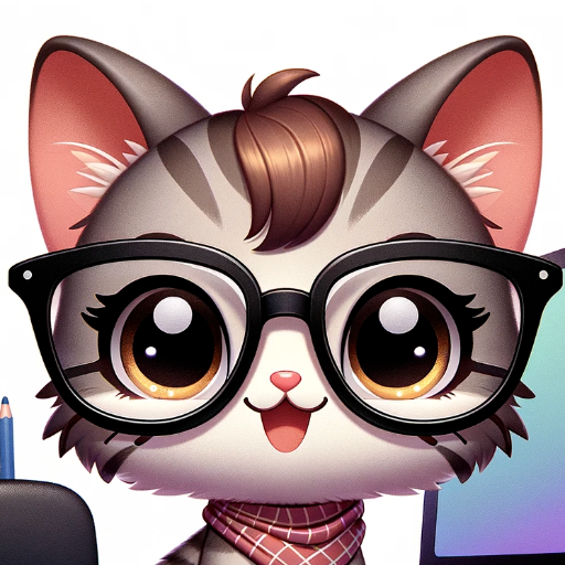 DALL·E 2024-01-08 18.46.41 – A cuter version of a female kitten avatar portraying a professional UX designer. The kitten has a big playful smirk, wears trendy glasses, and sits in