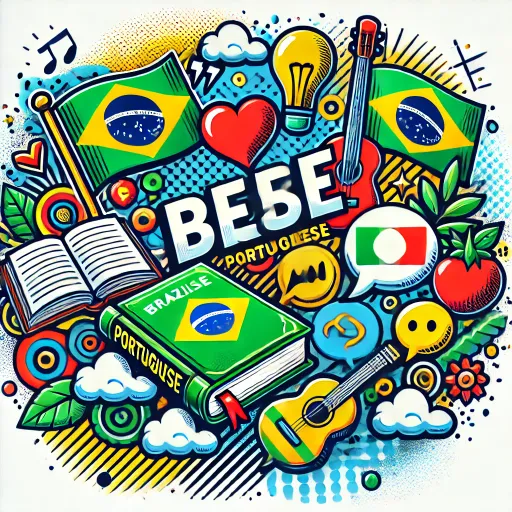 DALL·E 2024-06-20 12.14.28 – A lively and eye-catching representation of Brazilian Portuguese language learning. Include elements like the Brazilian flag, a book, and speech bubbl