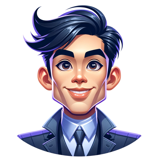 DALL·E 2023-11-13 17.25.27 – A cartoon-style portrait of a fictional male white CEO character, with less Asian features, keeping the jaw and face style of the earlier image and bl