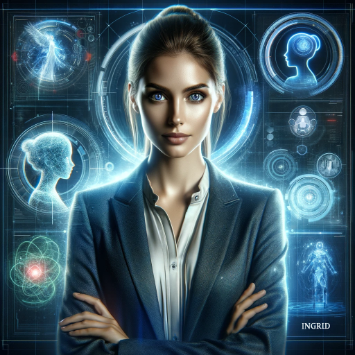 DALL·E 2023-12-03 13.57.40 – Ingrid, The Visionary Innovator, is depicted with a blend of classic professionalism and tech-forward style. The image shows her surrounded by hologra