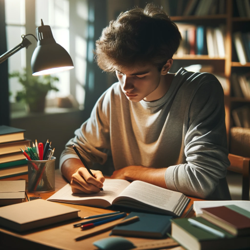 DALL·E 2024-01-15 18.12.37 – An image of a person sitting at a desk in a well-lit room, deeply focused on writing homework. The person is surrounded by textbooks and stationery it