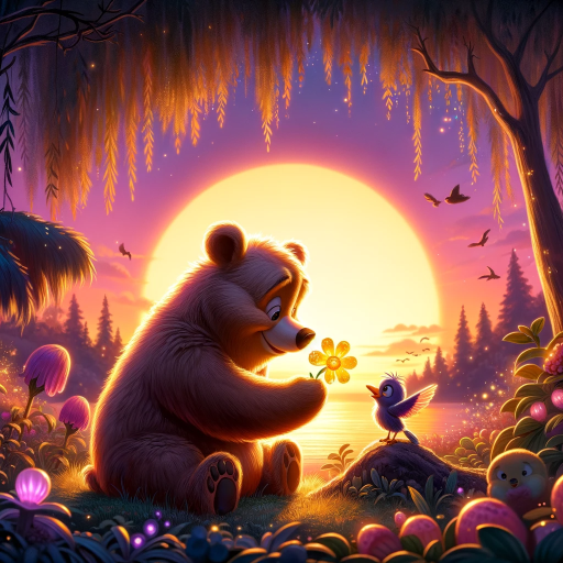 DALL·E 2023-12-10 11.50.12 – The sunset scene in the magical garden where Mimi the little bear is saying goodbye to his new friends. A small bird gives Mimi a shimmering flower as