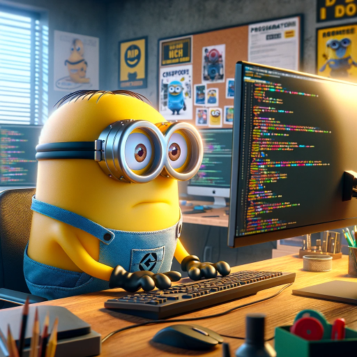 DALL·E 2024-01-09 13.32.06 – A minion character, recognizable by its yellow skin, blue overalls, and goggle-eyed appearance, sitting at a desk and intently programming on a comput